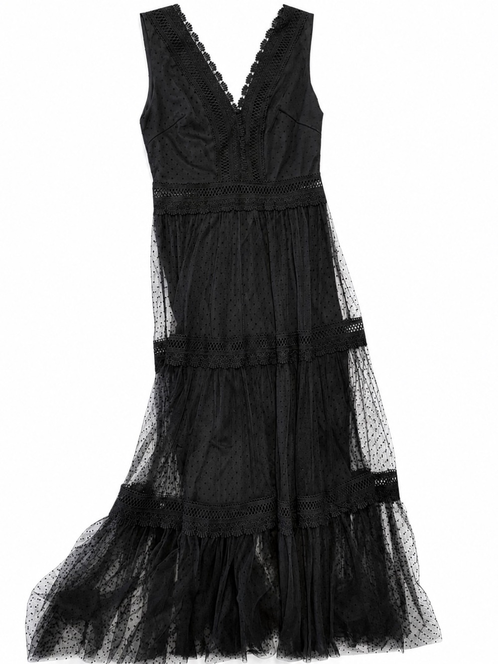 Black V-Neck Tiered Lace Maxi Dress